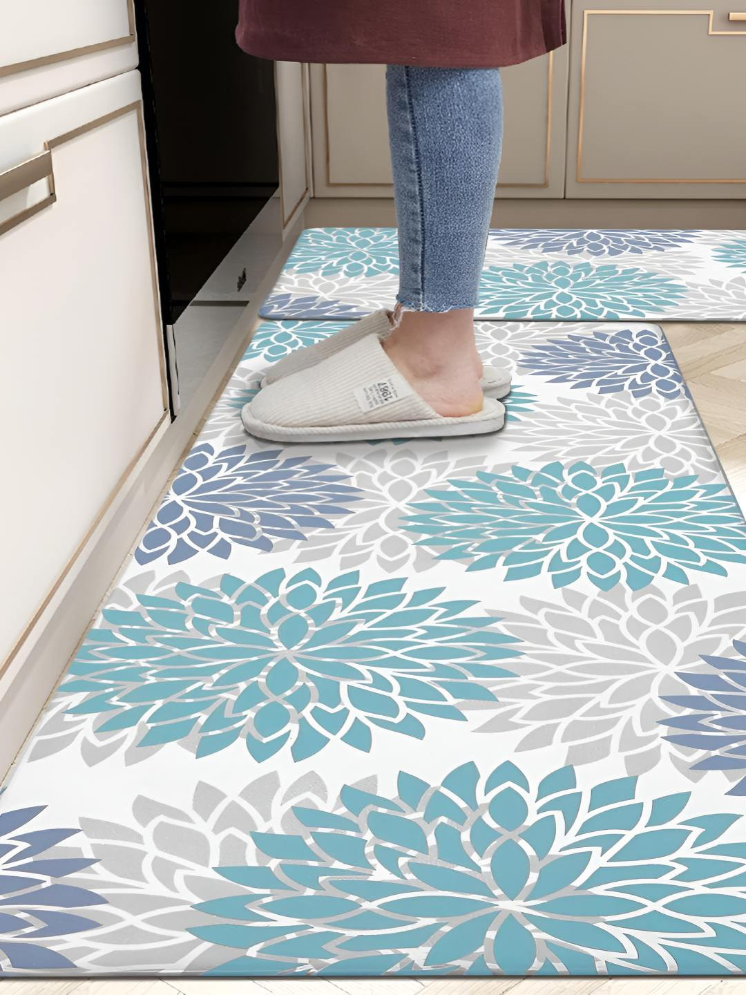 FAVRIA 2-Pcs Blue & White Printed Waterproof Anti-Slip Backing Floor Mats