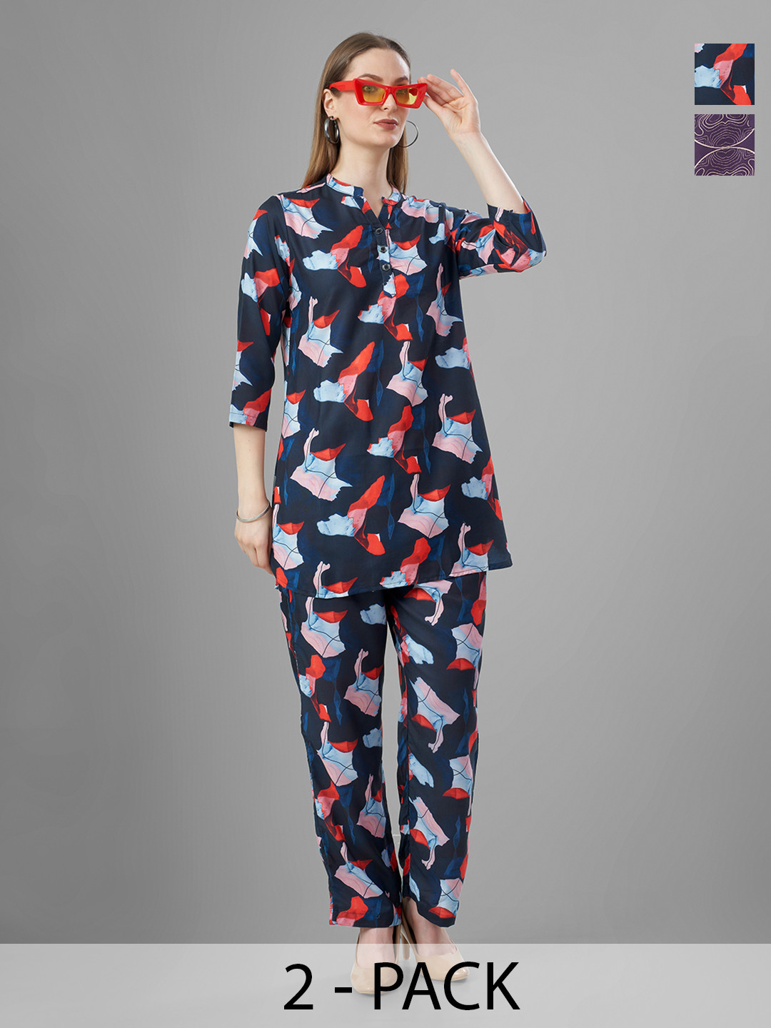 TITTLI Pack Of 2 Abstract Printed Mandarin Tunic With Trousers