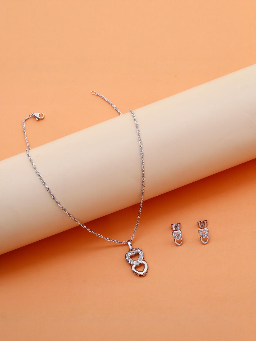 Archies Women Silver Alloy Artificial Stones Twin Hearts Pendant With Earring Set