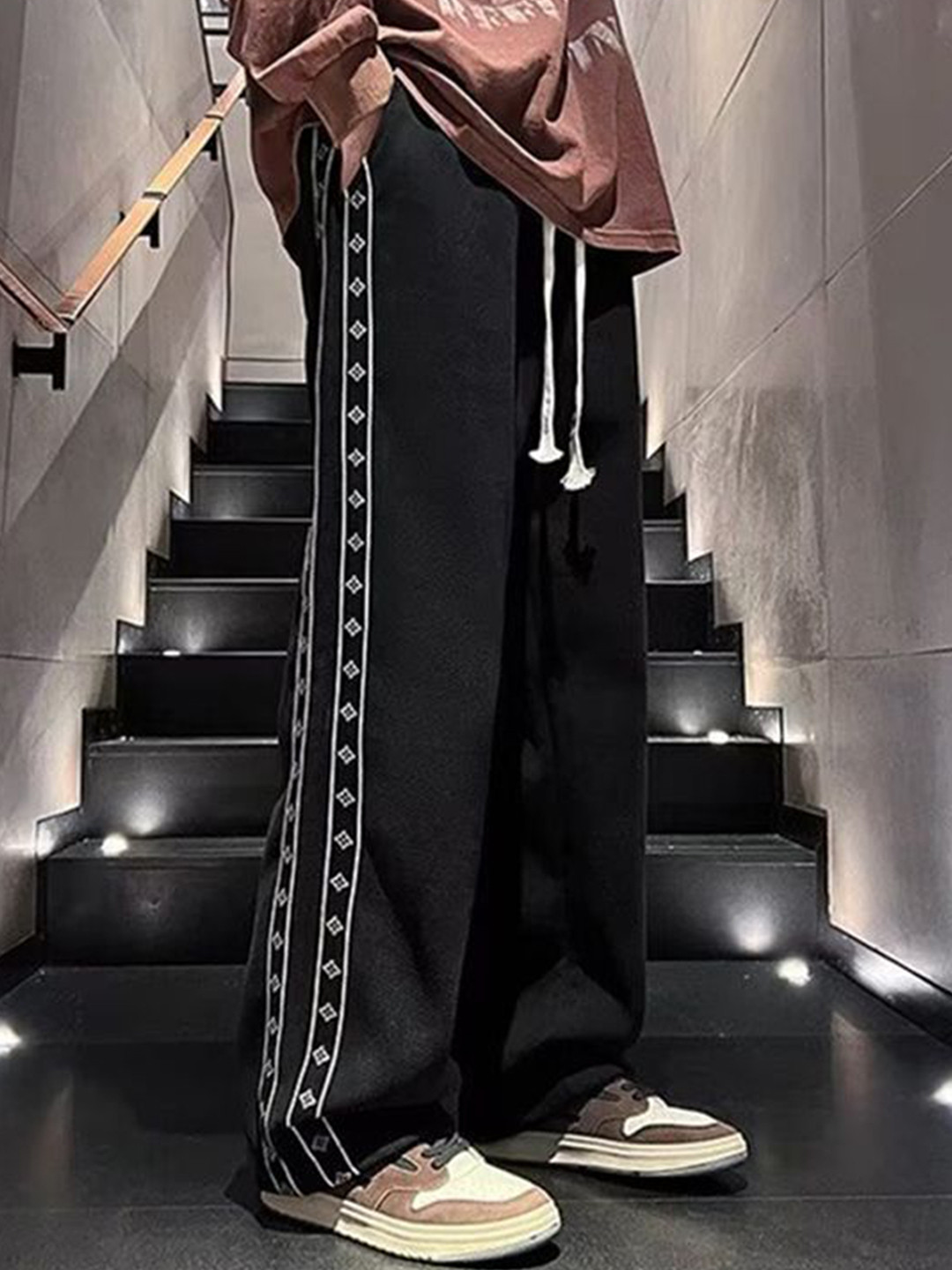 StyleCast x Revolte Men Geometric Side Stripes Loose Fit Trousers