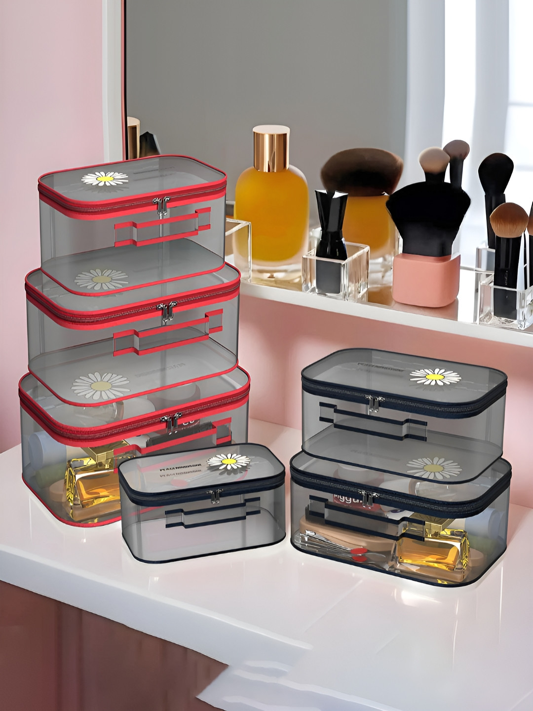 Aura Red & Blue 6 Pieces Printed Makeup Bag Organisers