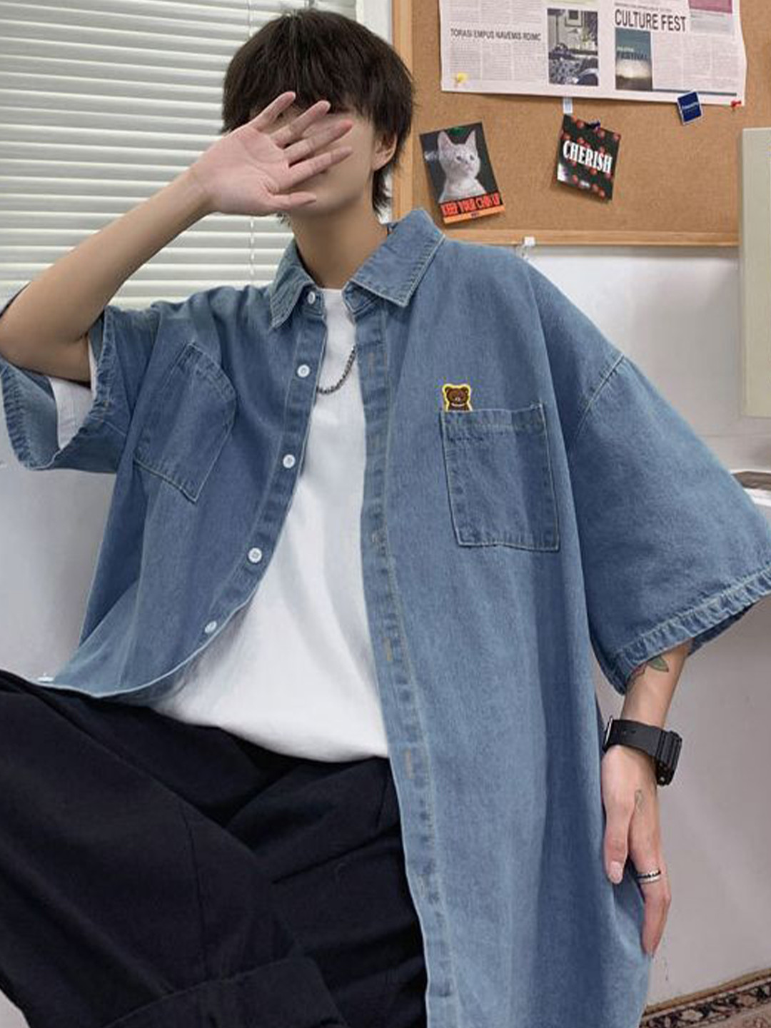 StyleCast x Revolte Men Oversized Cutaway Collar Casual Denim Shirt