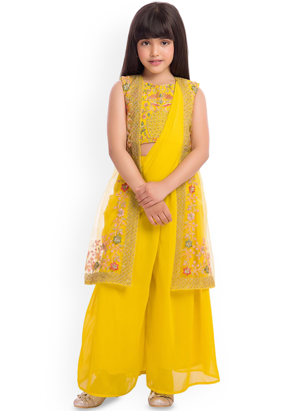 Tiny Kingdom Girls Georgette Sleevless Flower Embroided Top and Palazzo with Jacket