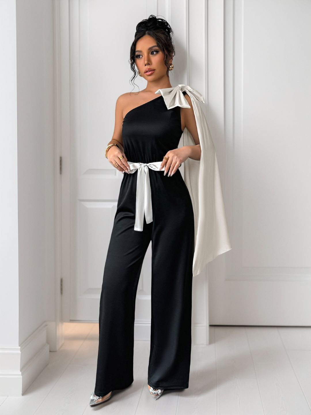 StyleCast Women One Shoulder Basic Jumpsuit with Bow