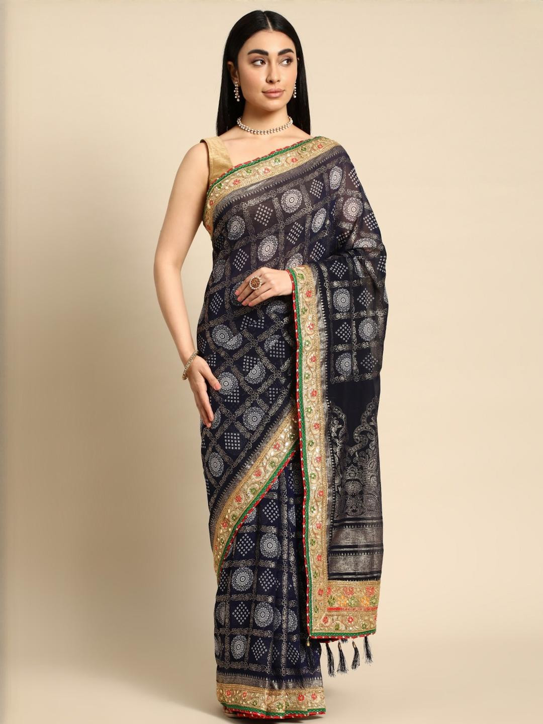 KALINI Women Navy Blue Gotta Patti Poly Georgette Designer Bandhani Saree