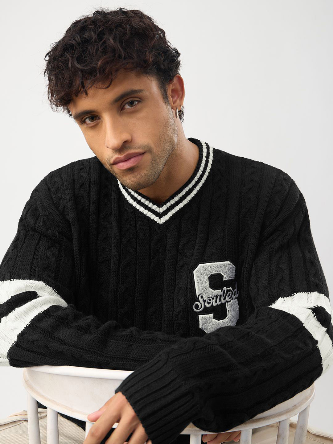 The Souled Store Men Varsity Black Cable Knit Pullover with Embroidered Detail