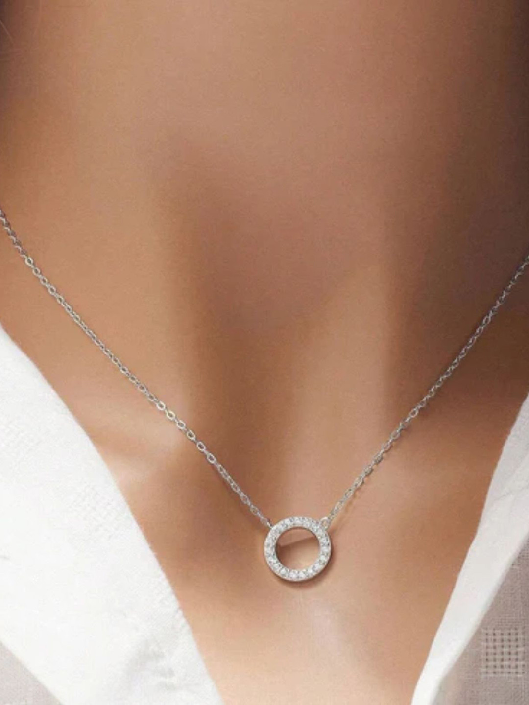 Zarkan 925 Sterling Silver Rhodium-Plated Cubic Zirconia Studded Minimal Necklace