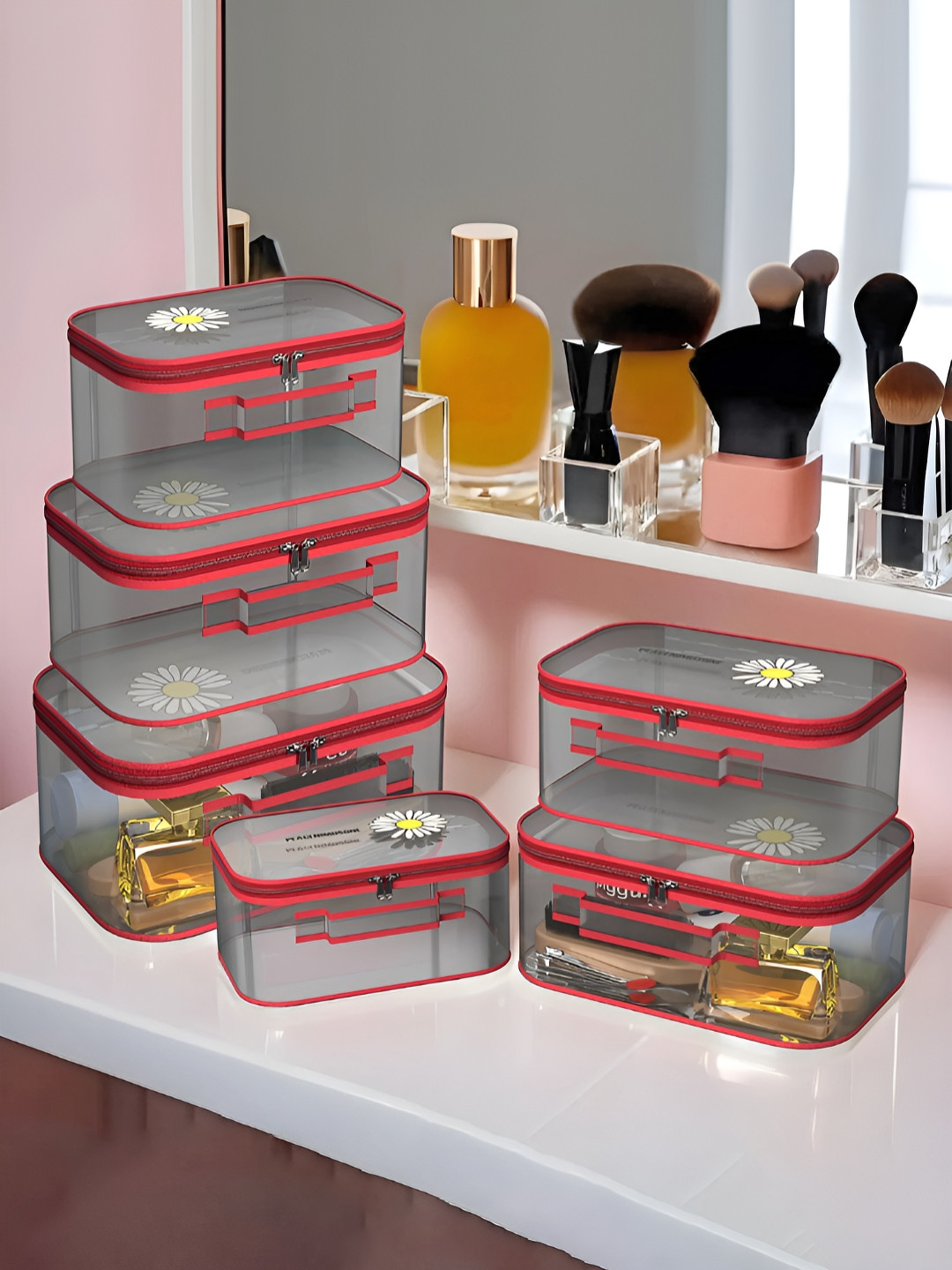 Aura Red & Transparent 6 Pieces Adjustable Compartment Makeup Organisers