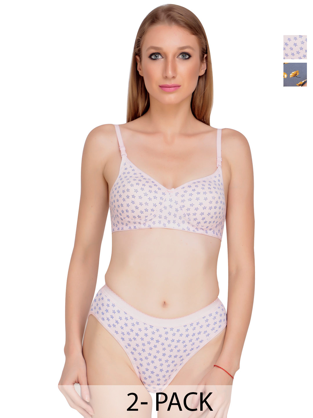 Liigne Pack Of 2 Star Printed Everyday Padded Bra Pure Cotton Lingerie Set