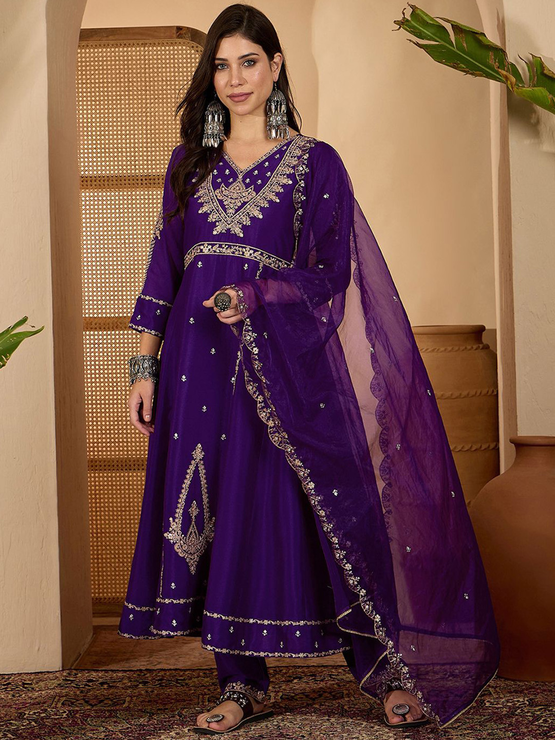 Sangria Women Zari Sequence Embroidered A-Line Kurta & Trousers With Dupatta