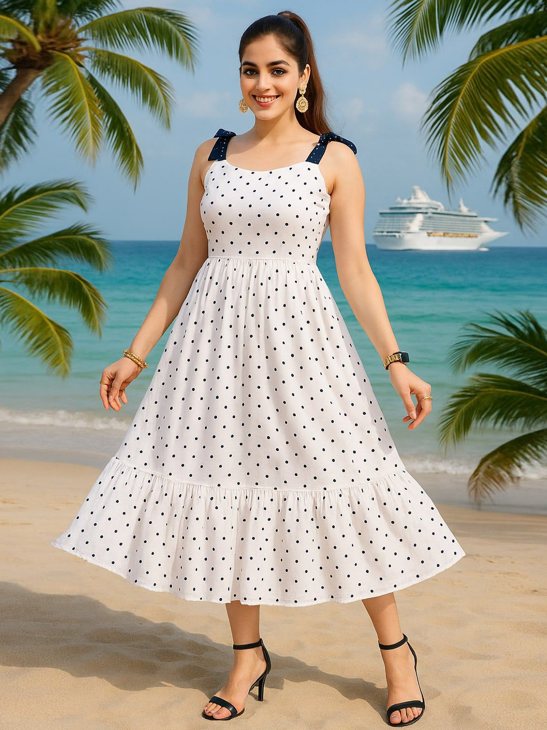 FLYING FEST Women Polka Dots Printed Fit & Flare Midi Dress