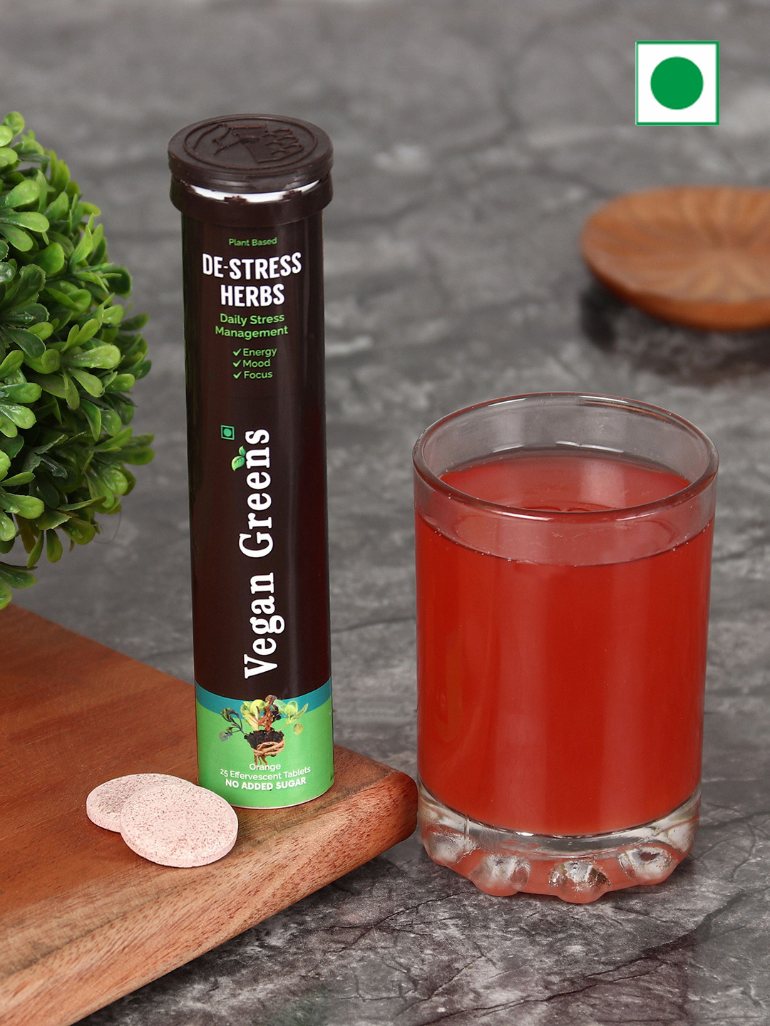 Vegan Greens Plant Based De Stress Herbs Tablets - 25 Tablets - Orange