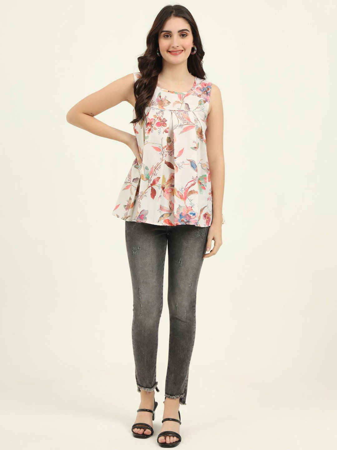 REVOSAA Women Floral Printed Round Neck Sleeveless Kurti