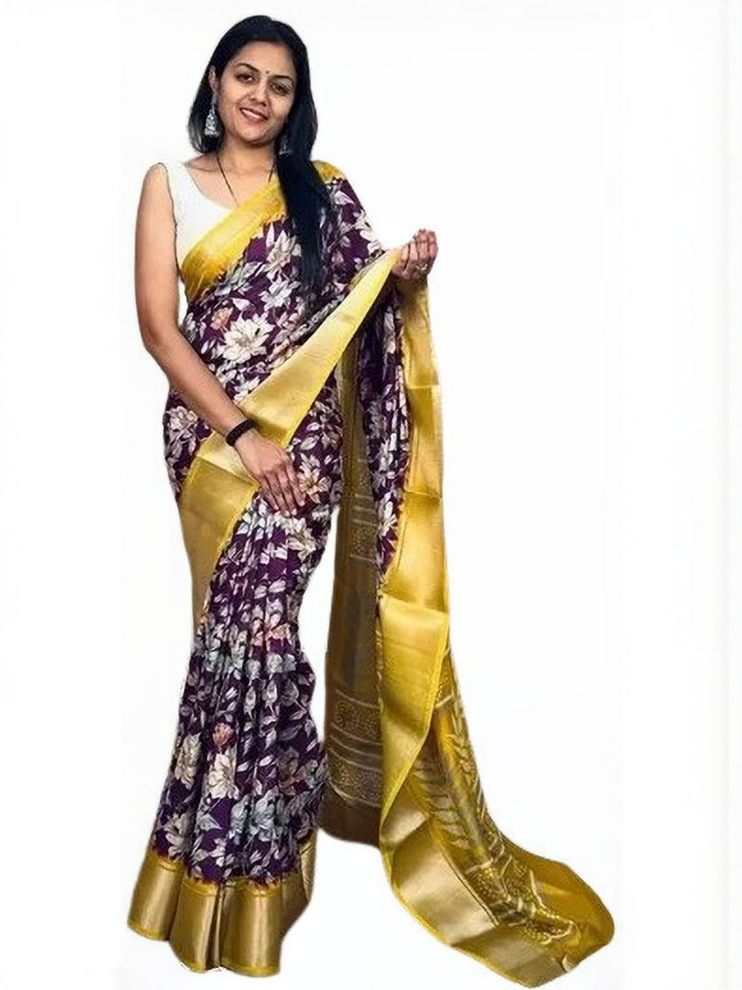 SSHAGUN LIFESTYLE Purple Self Design Bollywood Cotton Blend Saree