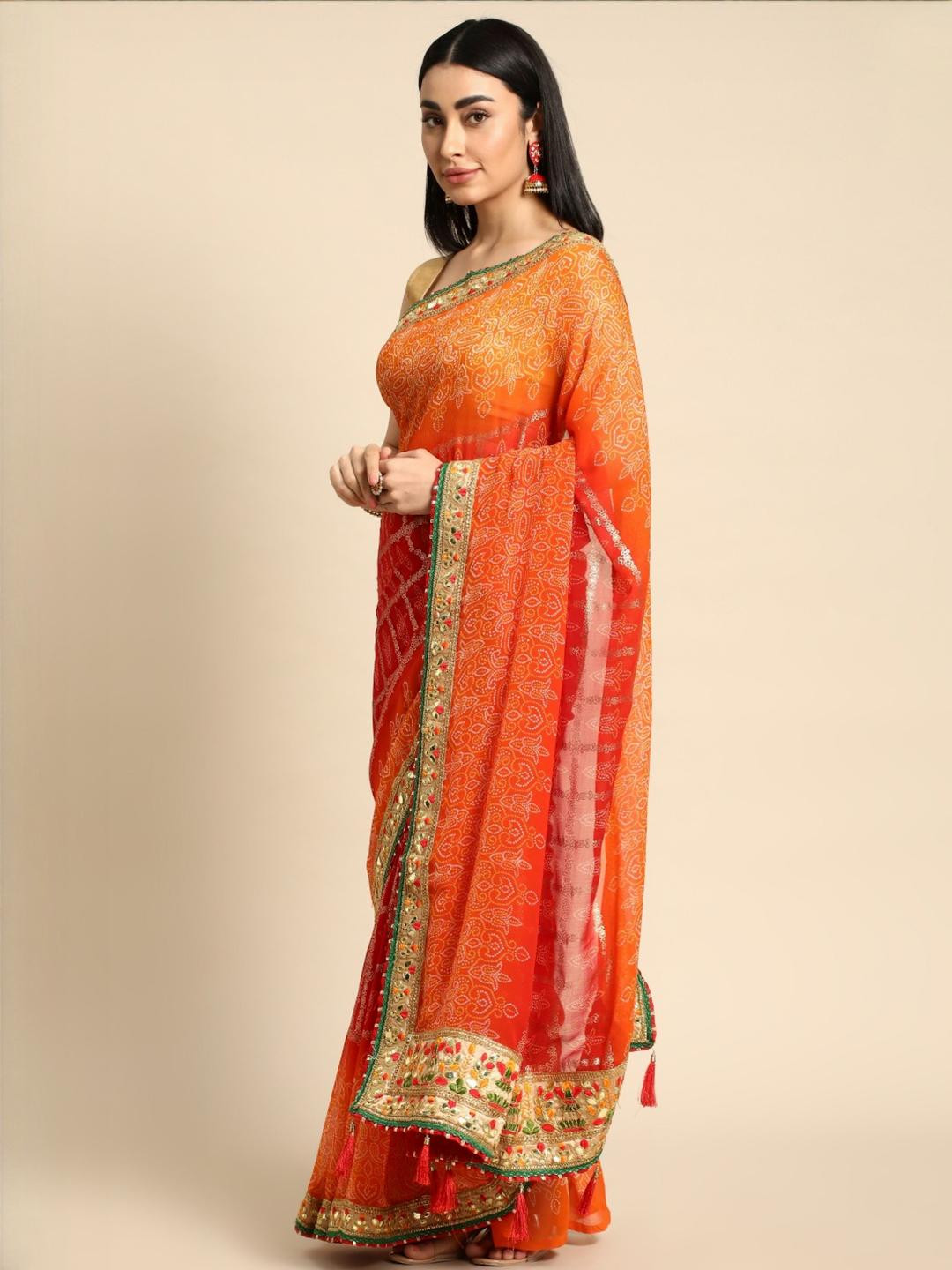 KALINI Orange Poly Georgette Bandhani Sarees