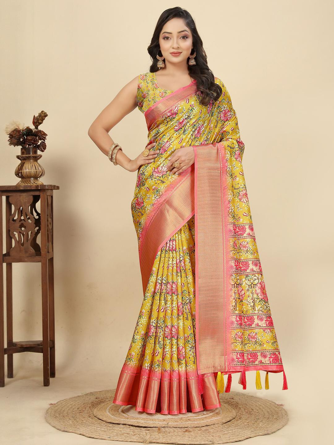 SSHAGUN LIFESTYLE Yellow Self Design Checkered Printed Madhubani Cotton Silk Saree