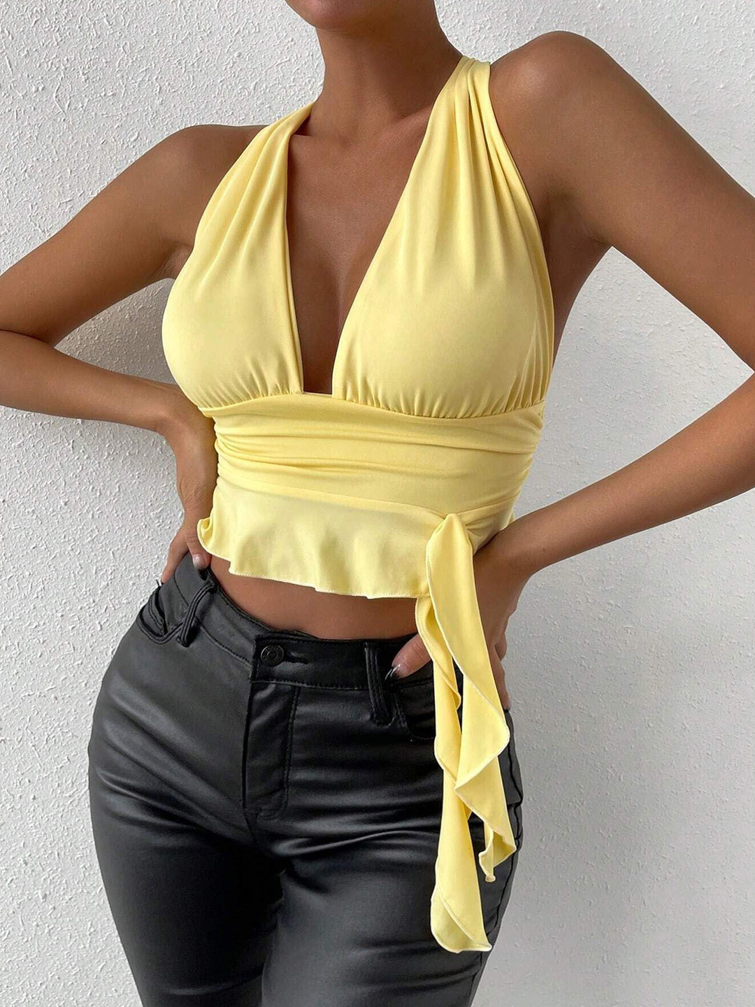 Outzidr Women Halter Neck Backless Fitted Crop Top With Tie-Ups