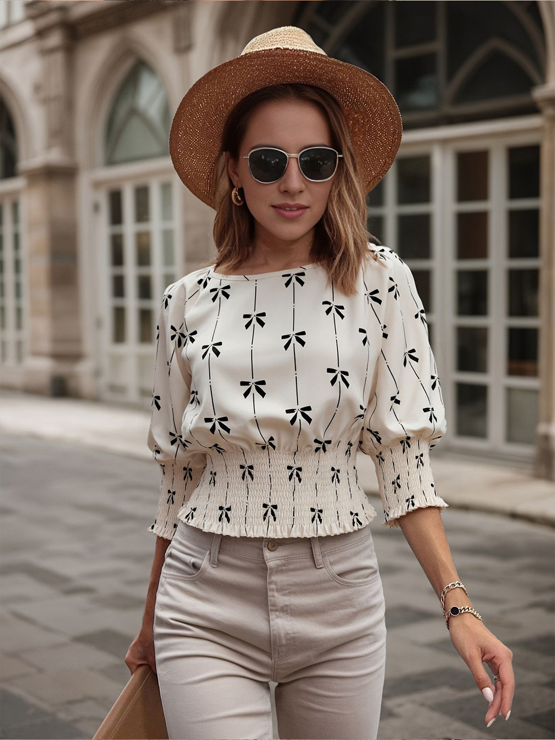 StyleCast x Revolte Women Ethnic Motifs Printed Smocked Boat Neck Top