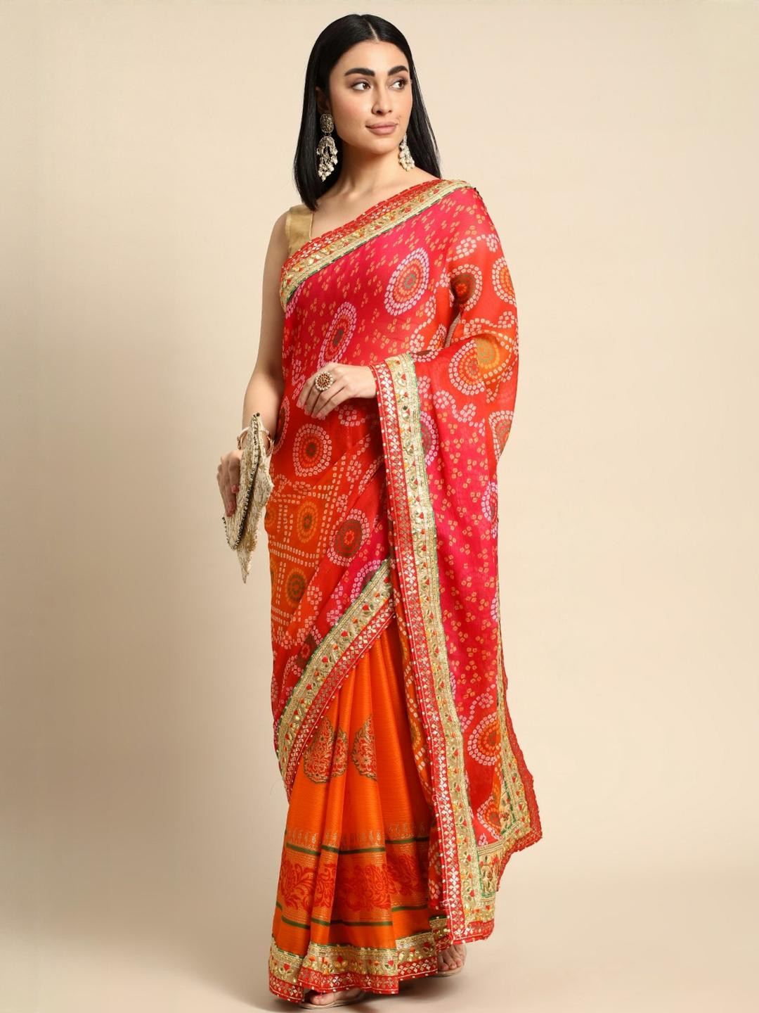 KALINI Orange Poly Georgette Bandhani Sarees