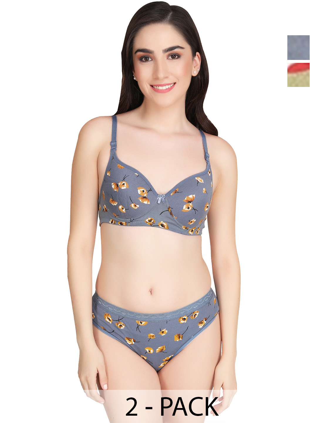 Liigne Pack Of 2 Floral Printed Everyday Padded Bra Pure Cotton Lingerie Sets