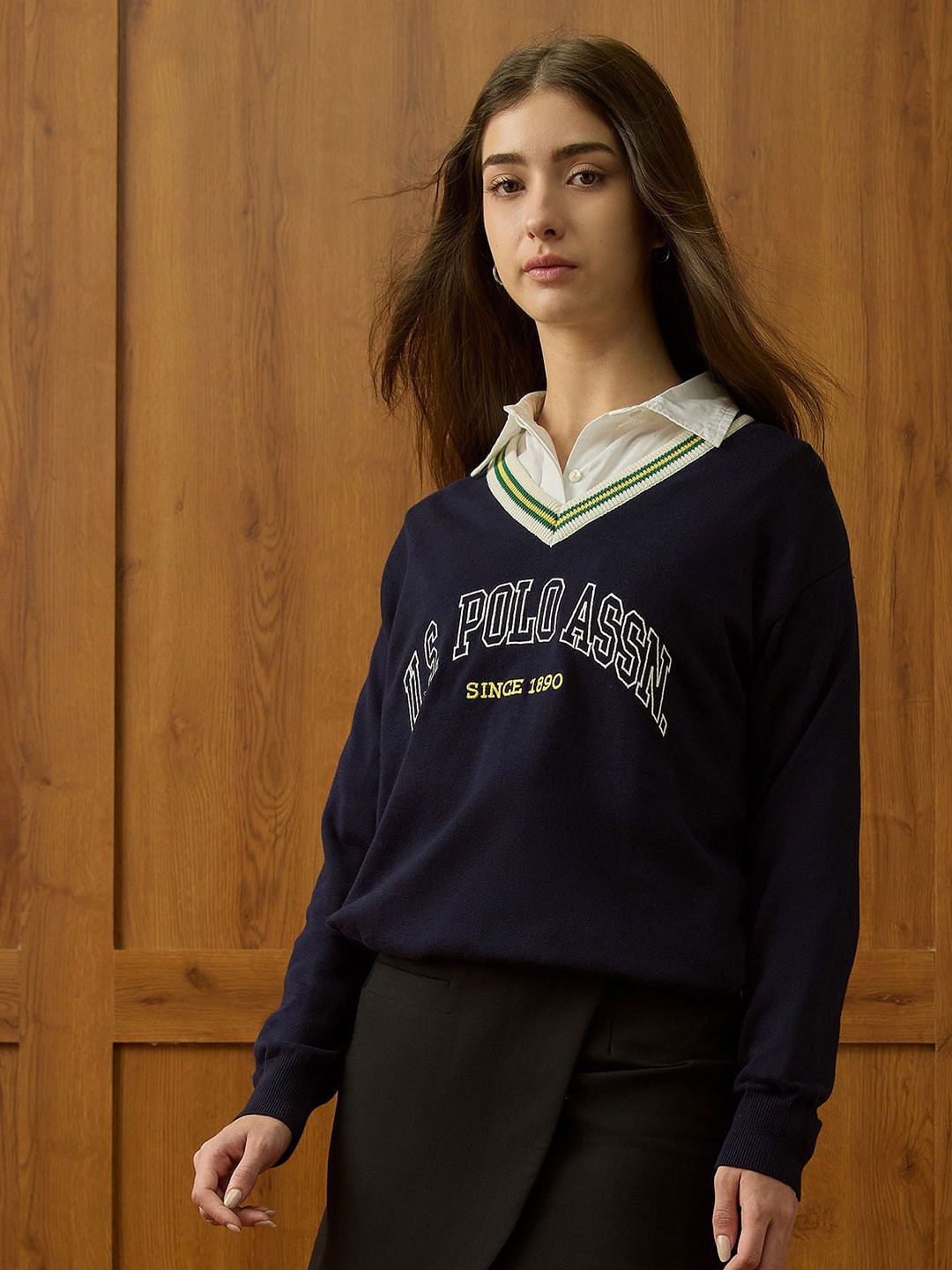 U.S. Polo Assn. Women Brand Logo Printed V Neck Cotton Pullover