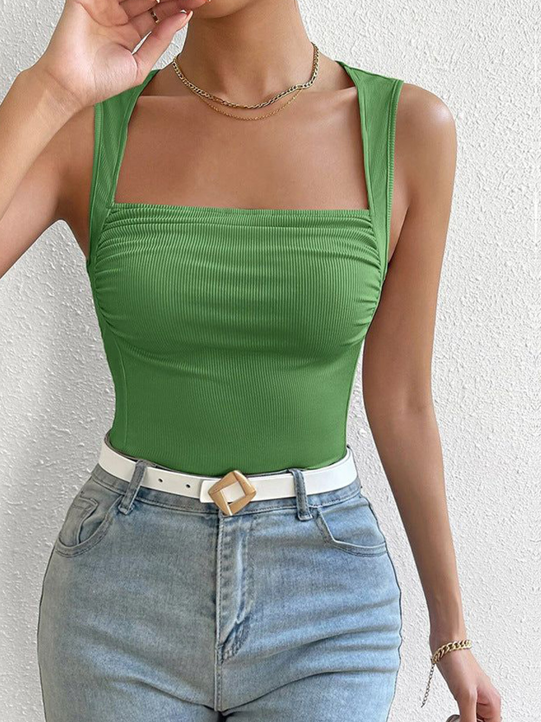 Outzidr Women Green Ribbed Square Neck Crop Top