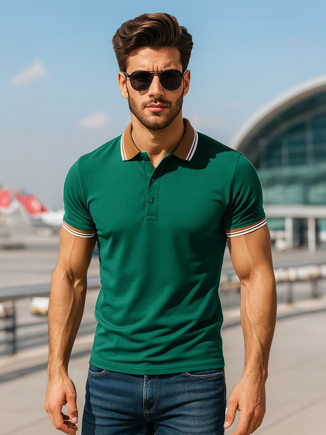 VEIRDO Men Green Solid Regular Fit Pure Cotton Polo T-Shirt