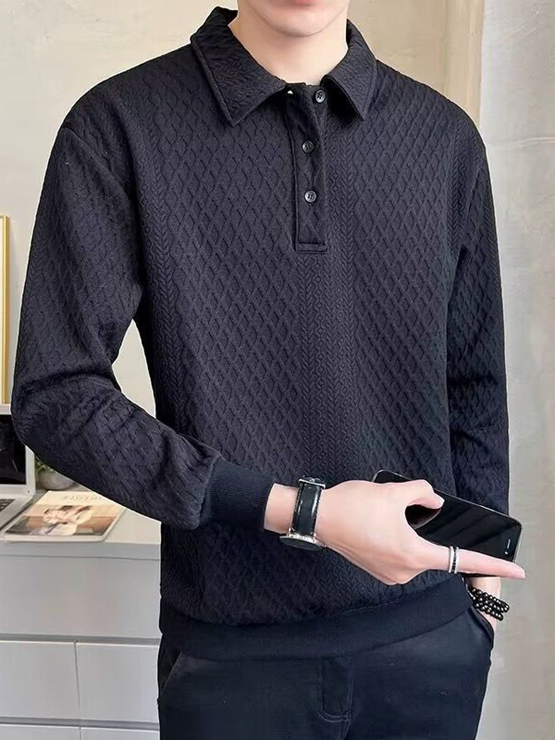 StyleCast x Revolte Men Self Dsign Polo Collar T-shirt