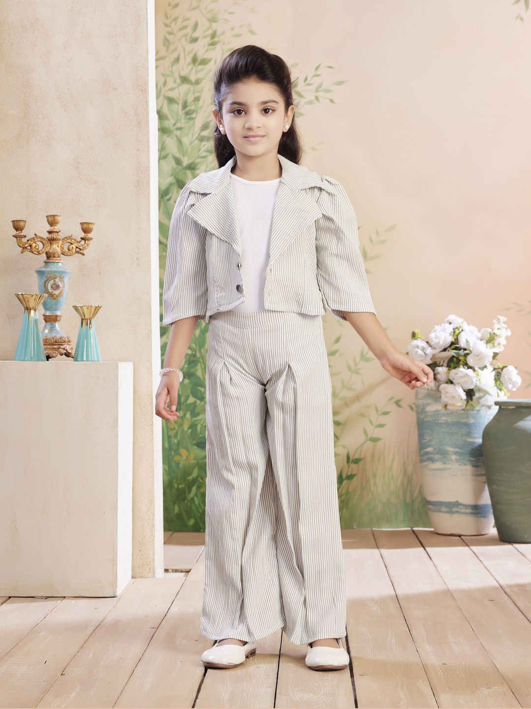 Aarika Girls Striped Lapel Collar Coat With Inner Top & Trouser