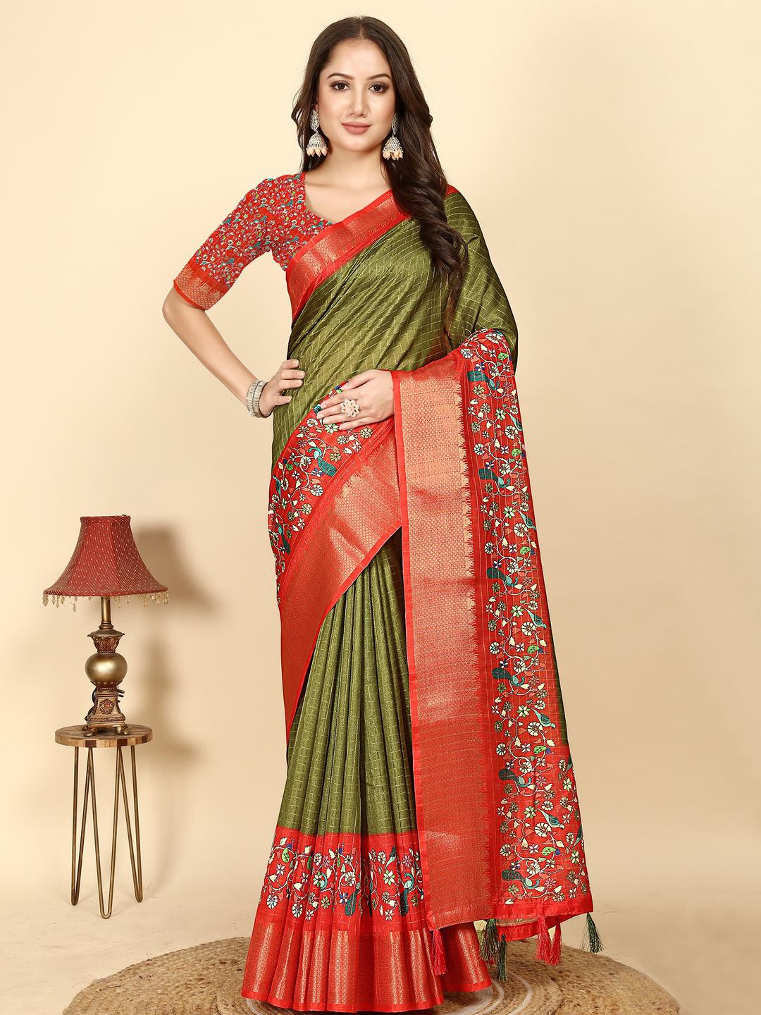 SSHAGUN LIFESTYLE Green & Orange Checkered Bollywood Cotton Blend Saree
