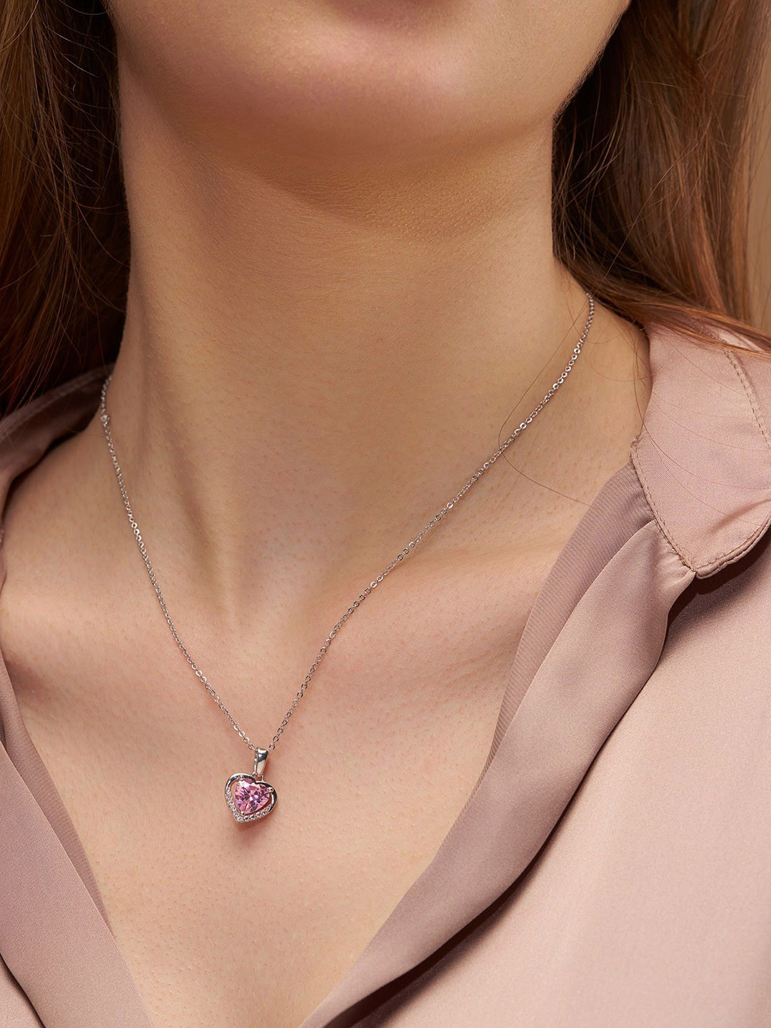 KYMEE Sterling Silver 18K Gold Vermeil Heart Shaped Zircon Studded Pendant with Chain