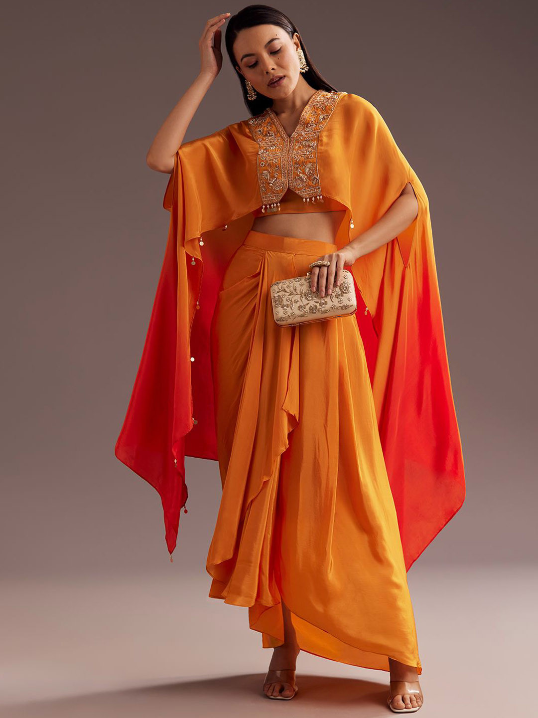 KALKI Fashion Women Embroidered V Neck Top With Shrug & Skirt