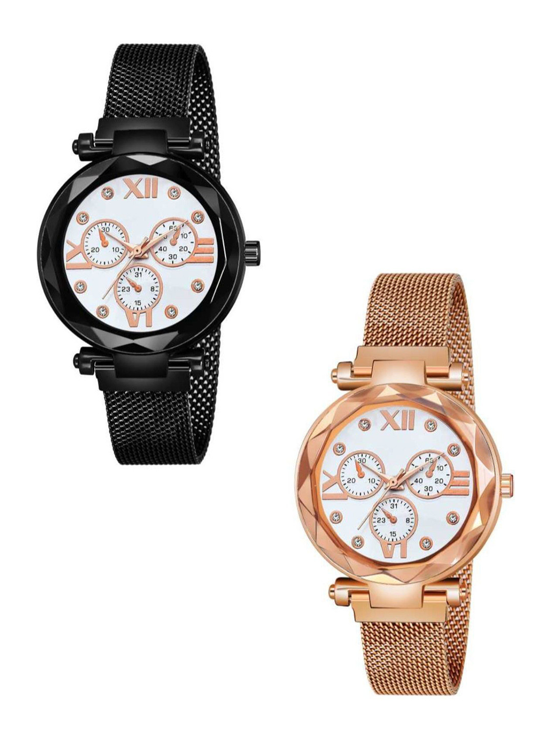Miss Perfect Unisex Set of 2 Embellished Dial & Bracelet Style Straps Analogue Watch TrM48