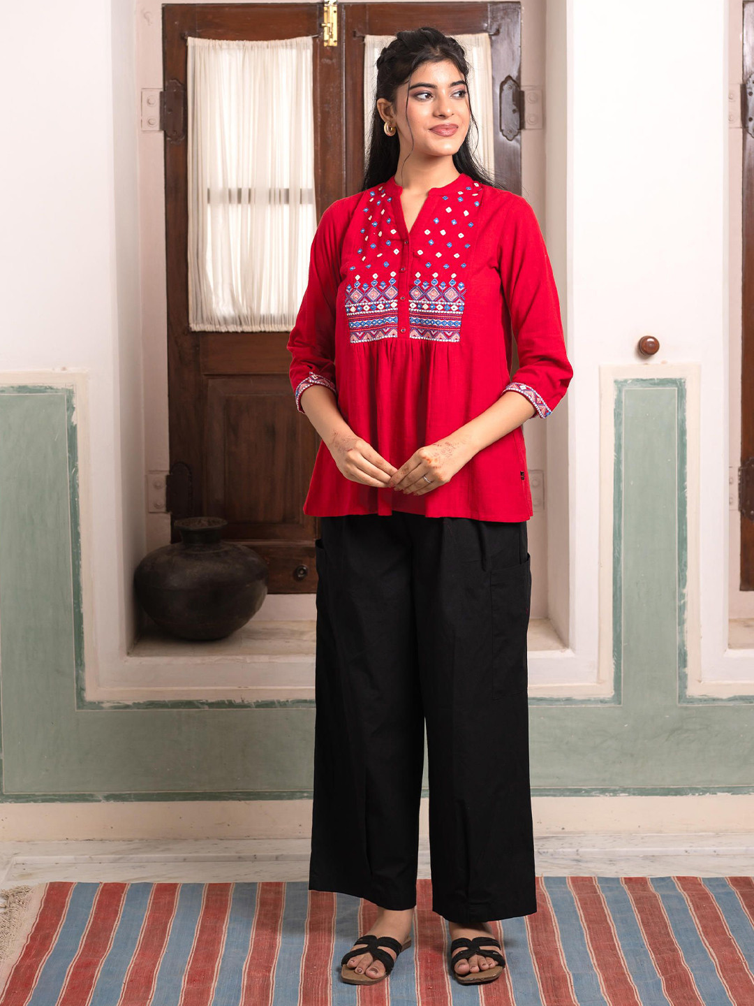 Chandbaali Women Embroidered Cotton  Tunic With Mirror work & Buttons