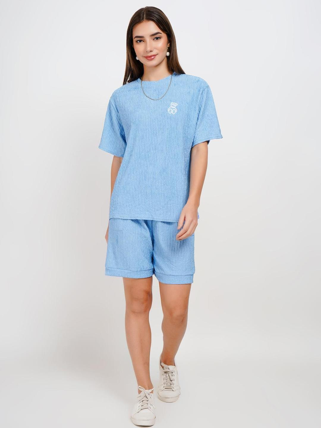 Lugo Women Blue Tending Casual Round Neck Cotton Blend Solid Co-ords Set