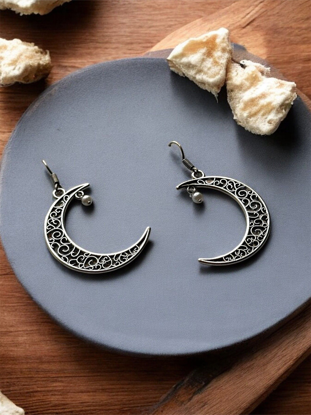 Jhumki Wala German Silver Crescent Shaped Oxidised Drop Earrings