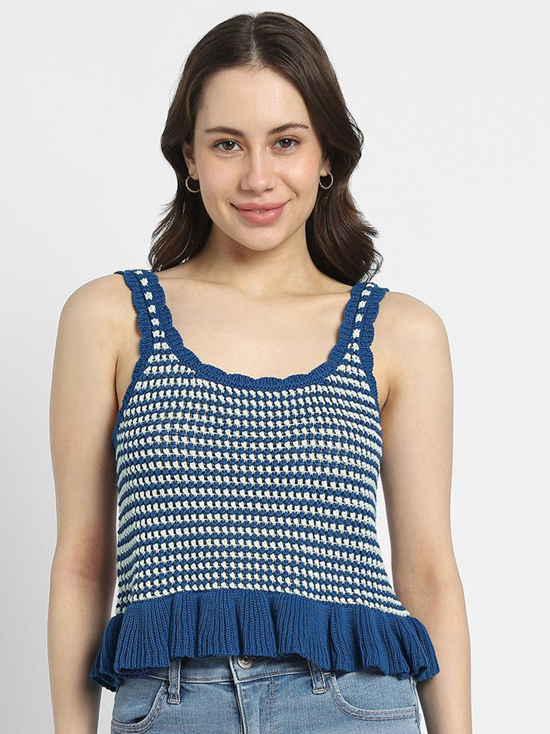 AMERICAN EAGLE OUTFITTERS Women Self Design Striped Sleeveless Cotton Peplum Top