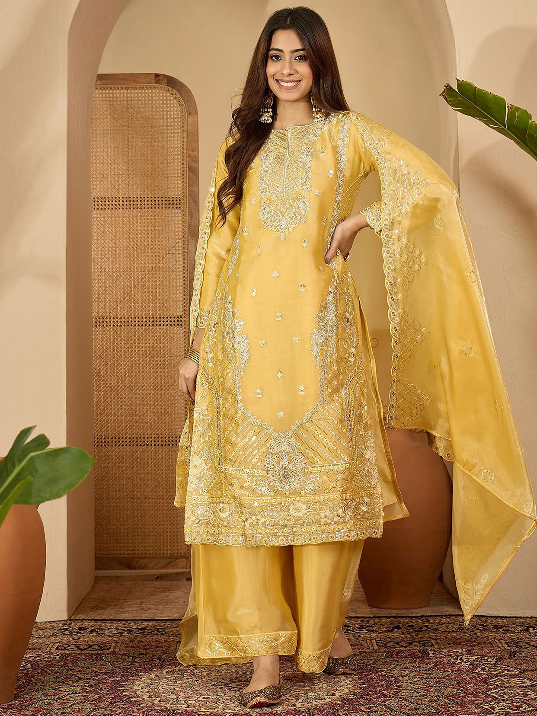 Sangria Floral Embroidered Sequinned Jimmy Choo Straight Kurta With Palazzo & Dupatta