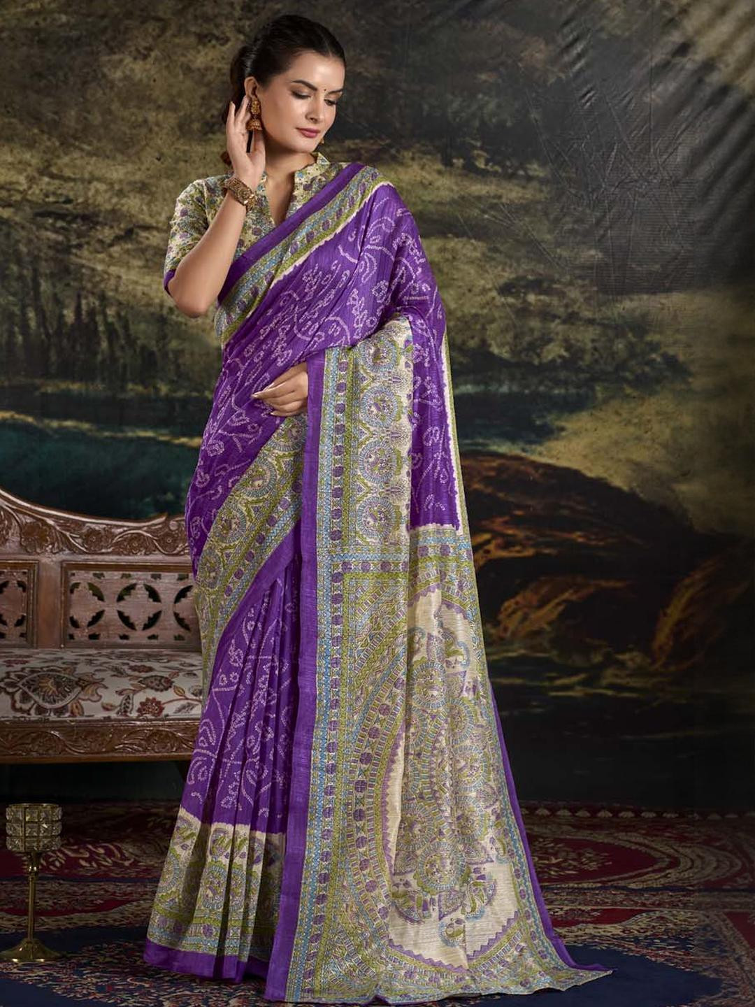 LOOKNBOOK ART Purple Viscose Rayon Bandhani Sarees