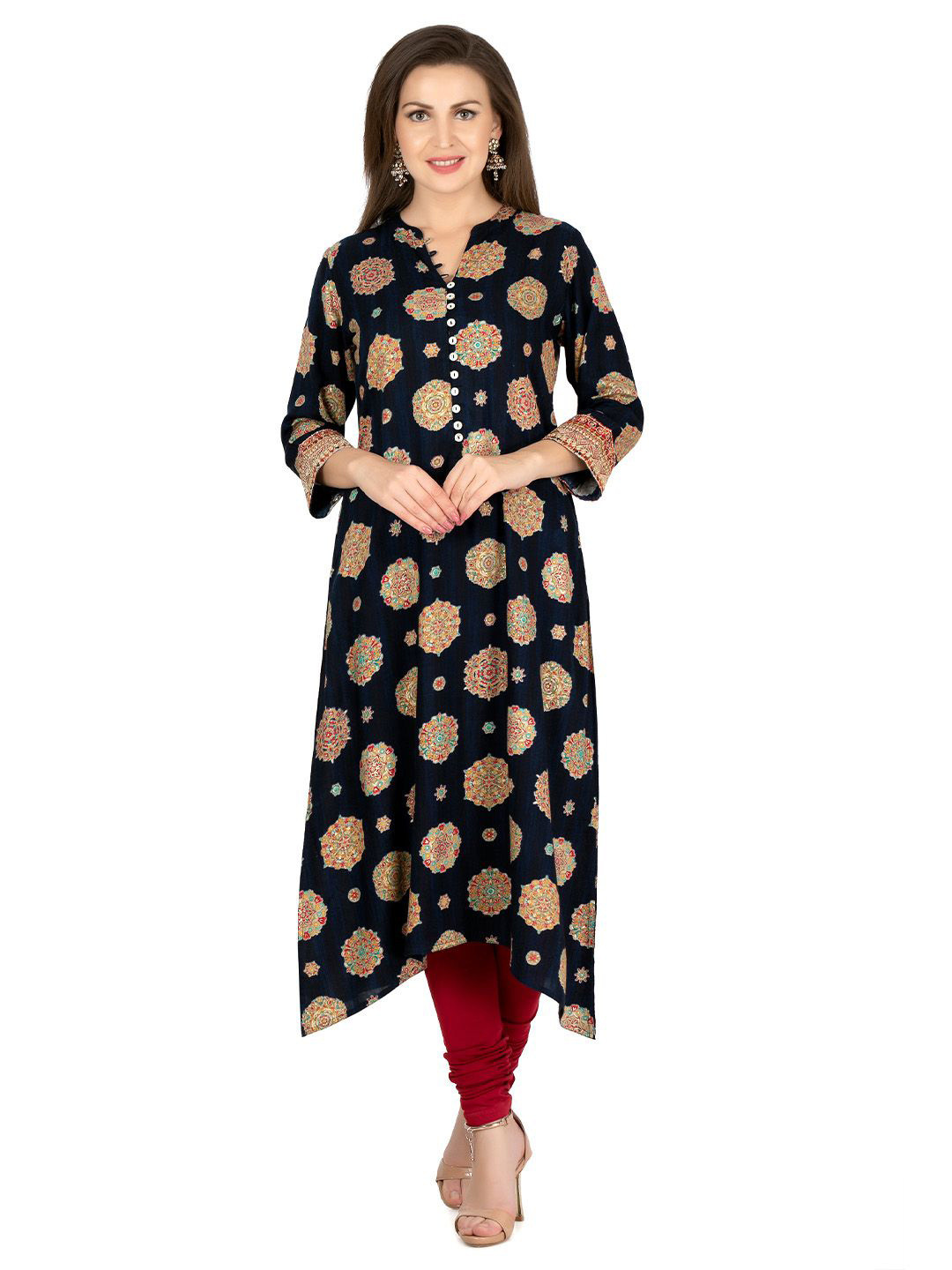 SANAA Women Printed Mandarin Collar Neck A-Line Long Kurta