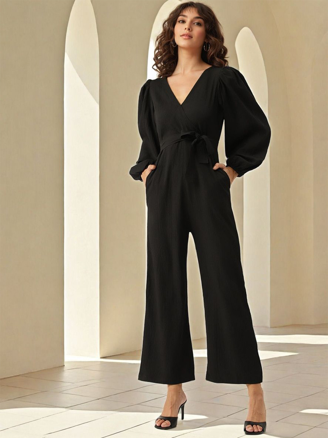 SZN Women Waist Tie-Up Long Sleeve Basic Jumpsuit