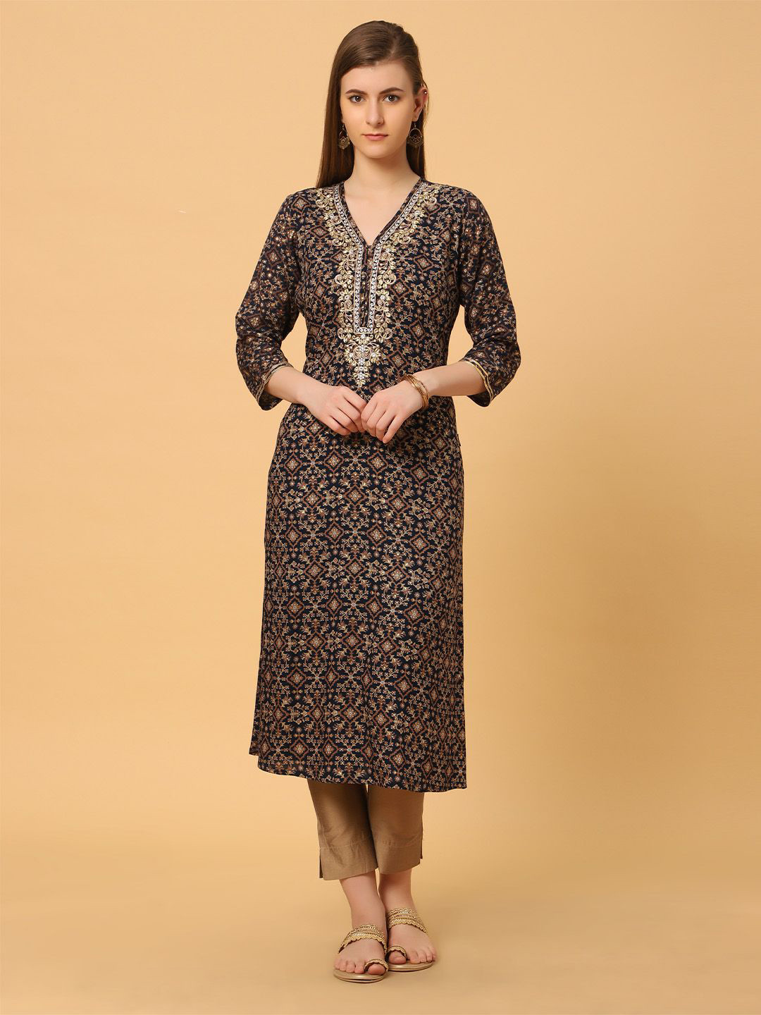 SANAA Embroidered V-Neck Beads and Stones Straight Long Kurta