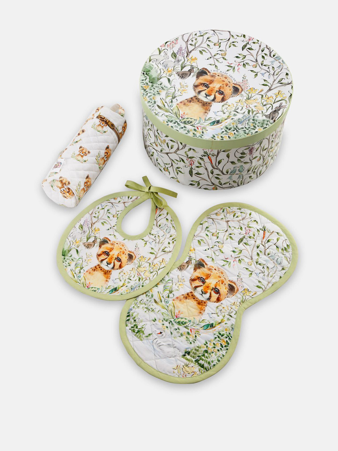 THE BABY TRUNK Pack of 3 White & Green Printed Pure Cotton Feeding Essentials