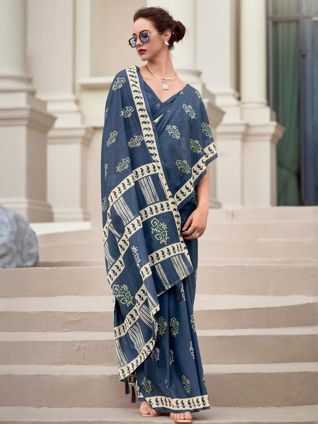 OCTICS Indigo Motif Digital Printed Chanderi Saree