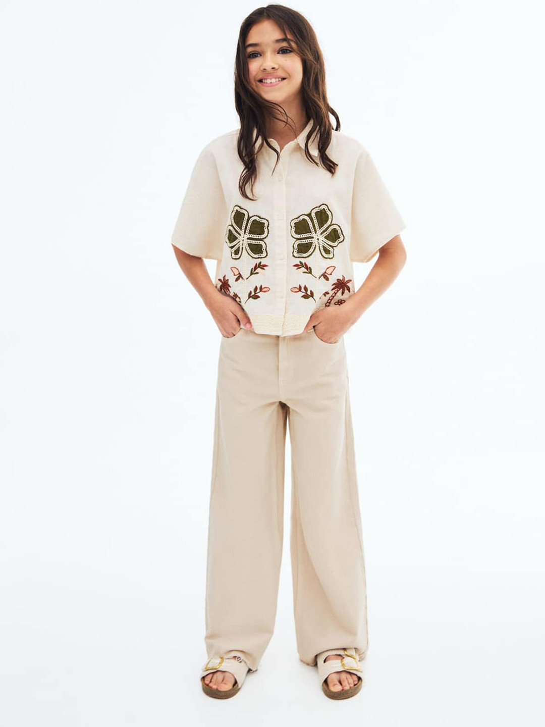 Mango Kids Girls Wide Leg Frayed Hem Pure Cotton Jeans