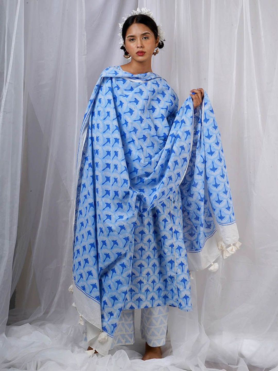 Chidiyaa Amaaya Floral Block Printed Cotton Dupatta