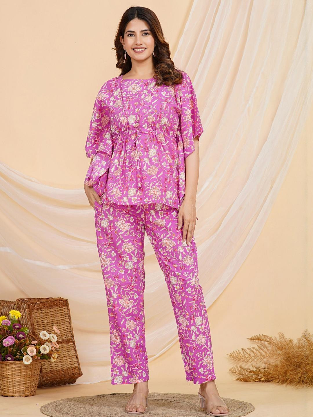 Pink Printed Pure Cotton Tunic & Trousers Co-Ord Set
