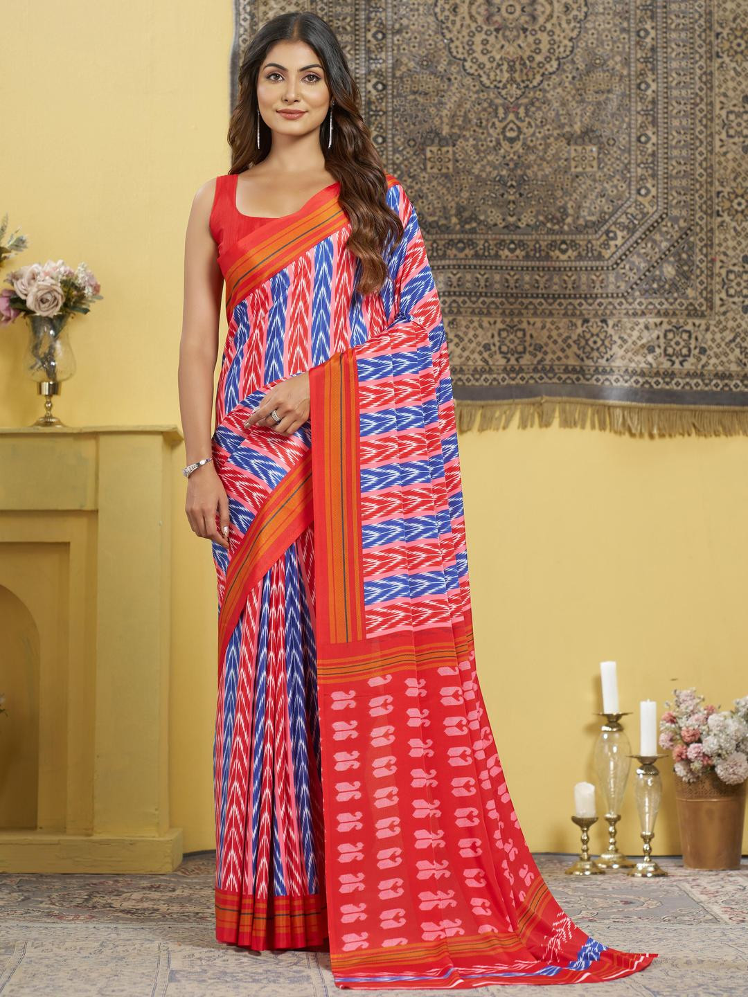 Garden Vareli Geometric Printed Crepe All Over Satin Saree With Unstitched Blouse Piece