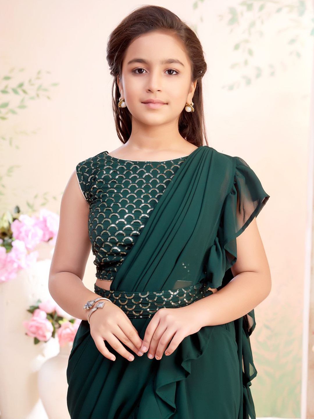 Aarika Girls Sequin Embroidered Georgette Choli & Lehenga Saree With Attachable Dupatta