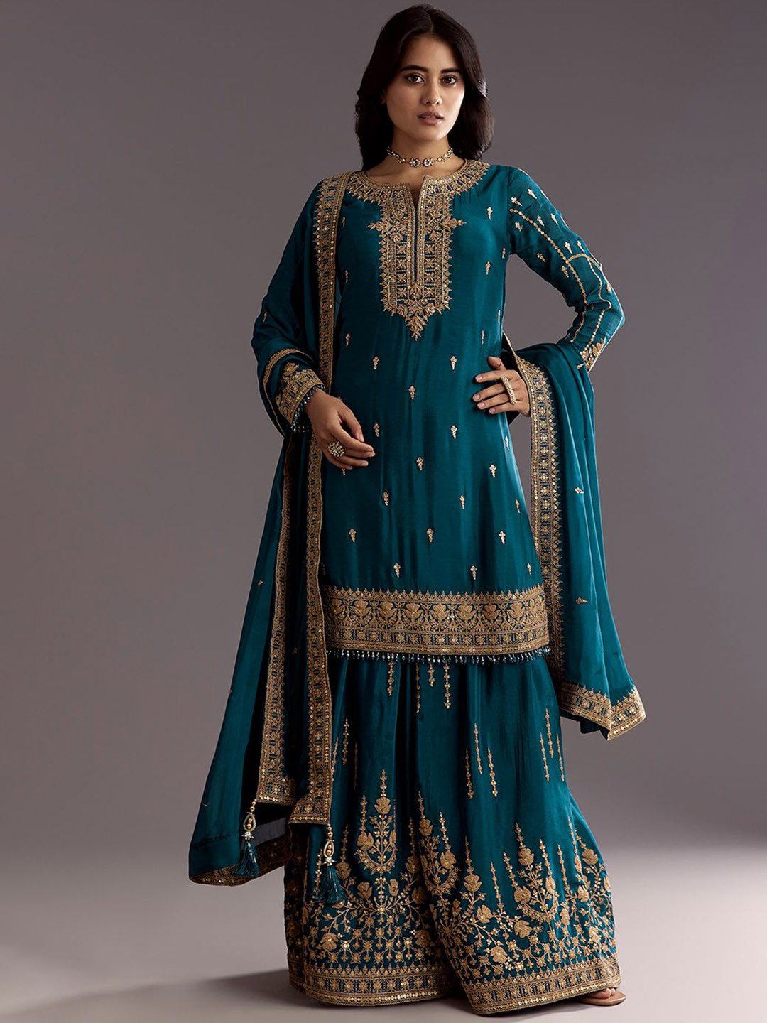 KALKI Fashion Teal Blue Zari Beaded Kurta With Sequin Palazzo And Butti Work Dupatta